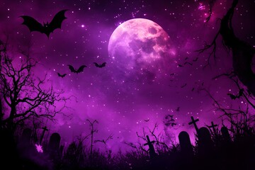 purple halloween banner with bat flying above graveyard and fullmoon in the backrgound