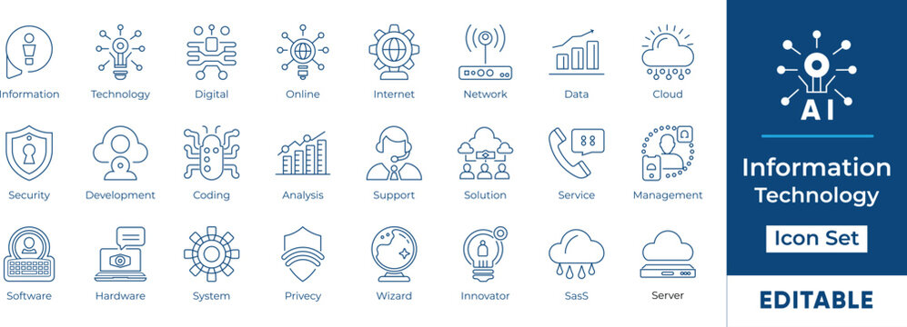 Information Technology line icon set featuring essential elements like cloud computing, data analysis, AI, security, development, and more. Perfect for web design, presentations, and mobile apps.