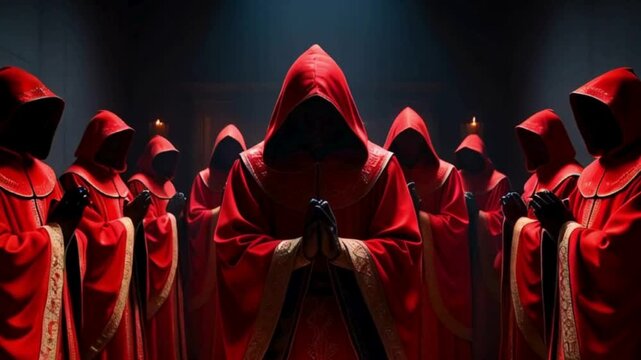 Group of Hooded Figures in Red Robes Standing in a half Circle 