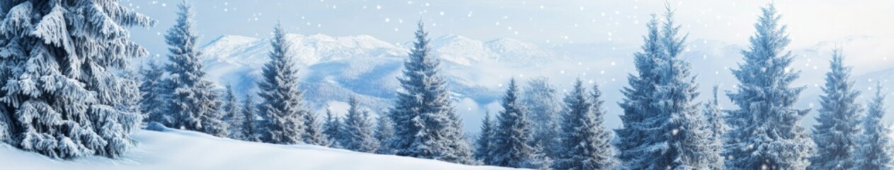 Fototapeta premium Winter's Enchanted Canvas: Snowy Landscape with Majestic Fir Trees, a Vintage Christmas Wallpaper Perfect for 4K Wall Art and Poster Backgrounds,Happy New Year 2025 and Merry Christmas