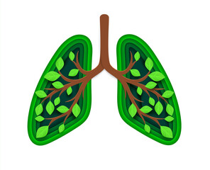 Lungs with green leaves of forest tree and eco plant paper cut concept of nature, ecology, environment and health care. Vector papercut healthy human lungs in shape of origami tree branches and leaves