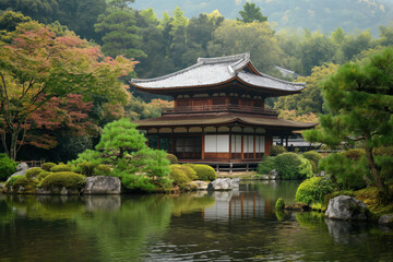 Obraz premium Traditional japanese temple reflecting on a calm lake surrounded by colorful trees and lush vegetation