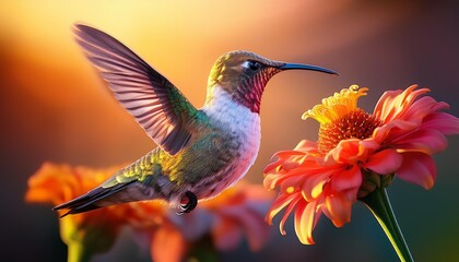 Obraz premium 3D view, a hummingbird at a flower