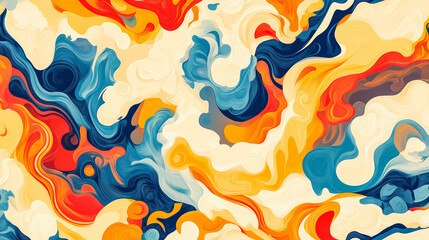 Naklejka premium Fluid shapes dance in a vibrant abstract pattern, swirling in hues of blue, red, orange, yellow, white, cream, and beige.