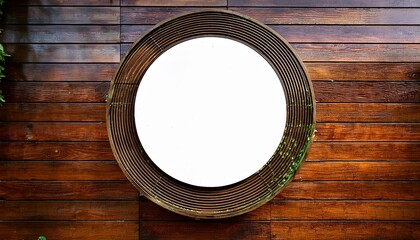 man walking on the bridge, frame on blue background, dish on the wall, frame on the wall, wooden frame on wooden wall, A wooden wall hosts a circular mockup signboard, awaiting a storefront's branding