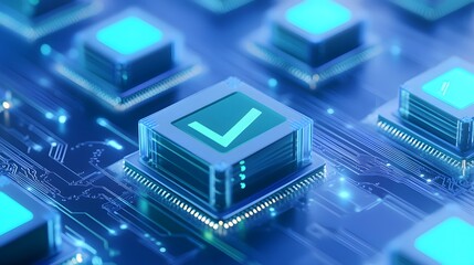 Obraz premium Close-up of microchips with glowing checkmarks, symbolizing verified technology solutions and digital approval in a blue circuit board environment.
