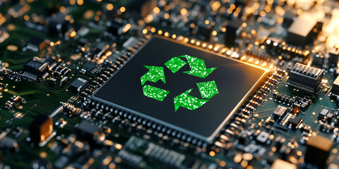 Obraz premium Eco-Friendly Technology Concept: Recycling Symbol on Circuit Board.