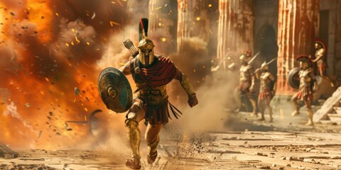Obraz premium Spartan Warrior Running Through Battlefield