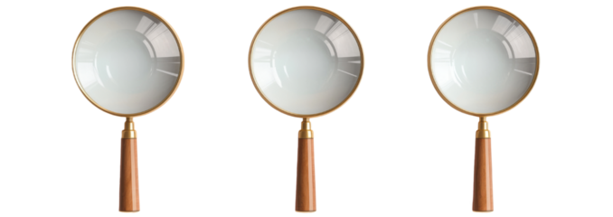 Vintage brass handheld magnifying glass isolated on transparent background