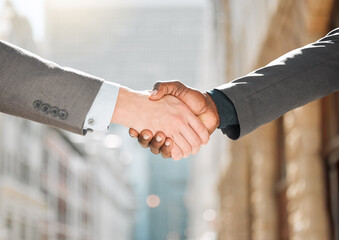 Handshake, apology and contract for deal, negotiation and crisis resolution for mediation in...