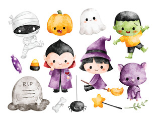 Watercolor Illustration Set of Cute Halloween Characters and Elements