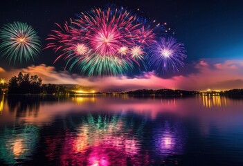 spectacular vibrant fireworks display illuminating night sky reflected over calm tranquil lake creating stunning visual experience, reflection, colors, light