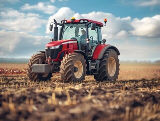 Obraz premium Tractor working on a farm field under a bright sky in late afternoon