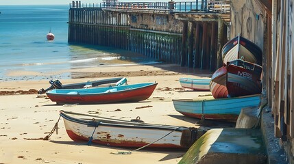 A view of the seaside timber pier with a backdrop featuring stored boats on the pier beach
