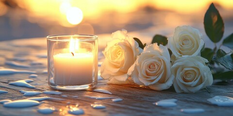 Elegant White Candles and Roses for a Memorial Service