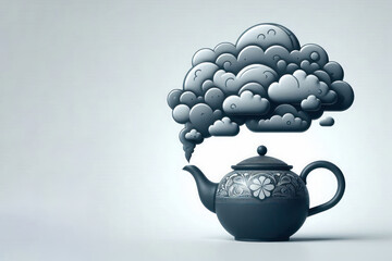 Large clouds of steam rising from the spout of the kettle. Space for text.