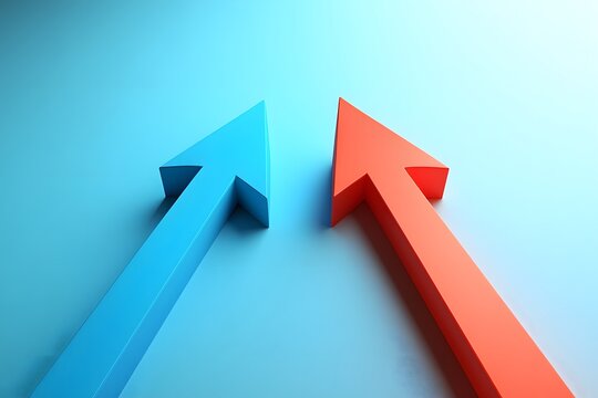 red and blue 3D arrow pointing to the same direction, Partnership, merger, alliance and integration concept
