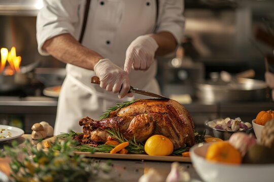 Chef wearing gloves is slicing a roasted turkey garnished with herbs and citrus fruits, ready to be served for a thanksgiving dinner