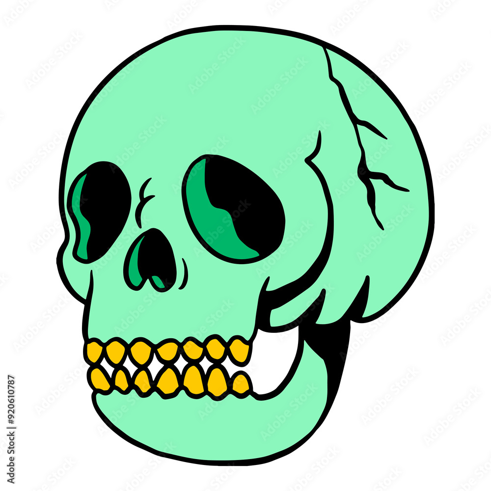 Poster green skull with gold teeth sticker with a white border