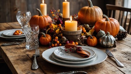 Fall table setting for Thanksgiving day or family gathering dinner. Plates, silverware, floral and fruits decoration, candles and pumpkins over rustic wooden table background
