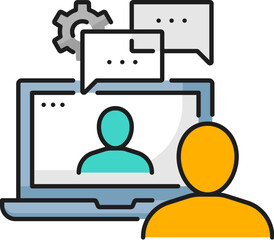 Recruitment online interview, job search color line icon. Employment service outline pictogram, company human resources recruitment or business head hunter candidate linear vector icon or symbol