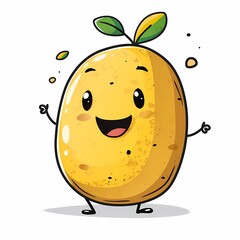 Happy cartoon potato with a big smile, green leaves on top and small arms and legs, isolated on white background.