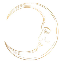 Golden crescent moon face sticker overlay with a white border design element