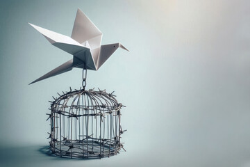 A paper bird trying to take off with a barbed wire cage. Space for text.