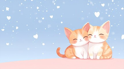 Two cute orange and white cats with closed eyes are hugging each other on a pink and blue background with falling hearts. Template for quotes, and greetings cards.