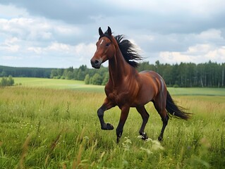 Obraz premium A brown horse galloping gracefully through a lush green meadow on a cloudy day