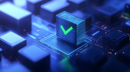 Digital circuit board with a green checkmark, representing technology verification and approval. High-tech background and electronic concept.