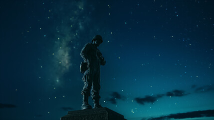 Obraz premium Silhouette of a Soldier Under a Starry Sky...