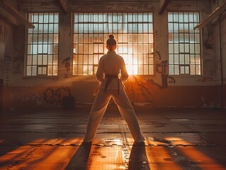 Karate practitioner training at sunset in an abandoned dojo with large windows