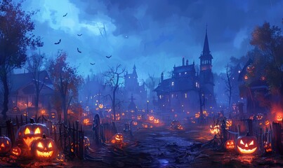 Obraz premium Group of pumpkins enter in city on Halloween day