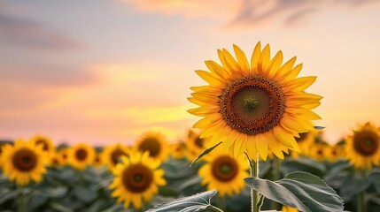 Obraz premium Podium in a sunflower field with sunset, summer podium, sunflower summer triumph