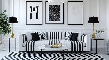 Modern Black and White Living Room With Striped Sofa and Decorative Wall Art
