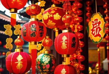 Fototapeta premium vibrant lunar new year decorations featuring colorful festive traditional symbols prosperity joy, emblems, ornaments, lanterns, celebration, culture, festival