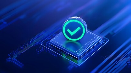 Digital icon with a glowing check mark on a microchip. Represents security and validation in technology and digital systems.