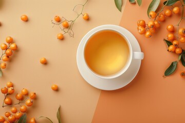 Cup of sea buckthorn tea with orange berries and green leaves on a beige background, presenting a warm autumn scene. ai