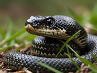 Obraz premium Coiled Snake in Grass with Intense Gaze and Detailed Scaly Skin