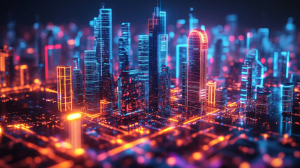 Futuristic cityscape with glowing neon lights, high-rise buildings, and a vibrant digital atmosphere. Modern metropolis concept.