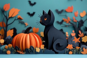 Whimsical Paper Art Black Cat with Pumpkin Halloween Design