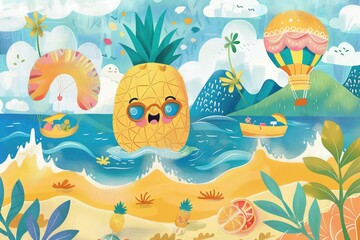 Cartoon pineapple floating on ocean waves surrounded by tropical foliage, flowers, and a sunset over mountains. ai