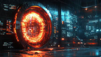 Futuristic energy portal in a dark, high-tech environment with glowing circuits and advanced digital interface.