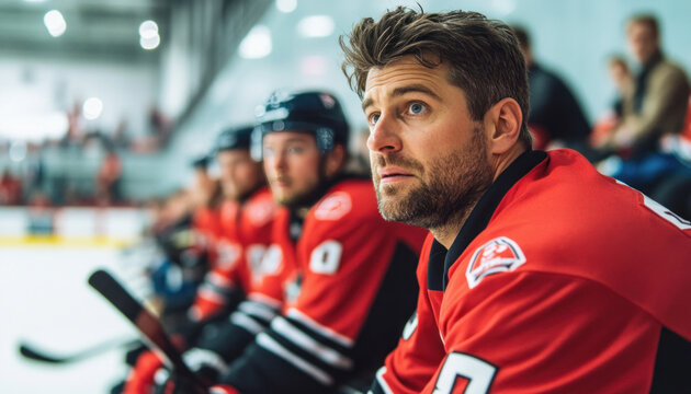 Hockey team sitting on bench and waiting for their turn during match