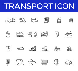 Vehicle and Transport line icon set. Containing car, bike, plane, train, bicycle, motorbike, bus and scooter icons. Transportation Simple line icon collections
