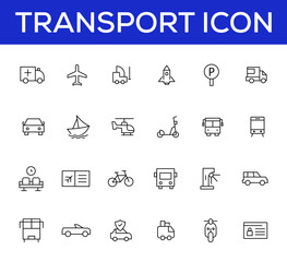 Vehicle and Transport line icon set. Containing car, bike, plane, train, bicycle, motorbike, bus and scooter icons. Transportation Simple line icon collections
