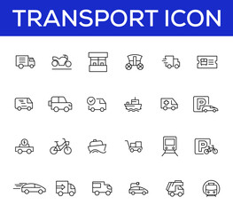 Vehicle and Transport line icon set. Containing car, bike, plane, train, bicycle, motorbike, bus and scooter icons. Transportation Simple line icon collections