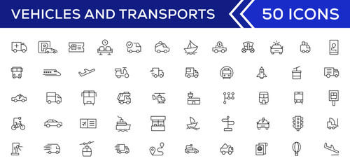 Vehicle and Transport line icon set. Containing car, bike, plane, train, bicycle, motorbike, bus and scooter icons. Transportation Simple line icon collections