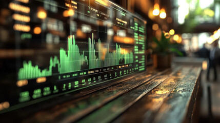 Obraz premium Modern financial dashboard with green graphs displayed on a transparent screen in a stylish, dimly lit office environment.
